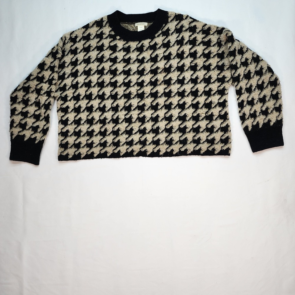 Max Studio Women's Houndstooth Knit Pullover Sweater Black Cream Yellow L